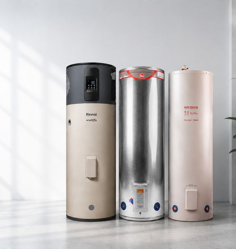 Heat pump, stainless steel and mains pressure hot water cylinders side by side