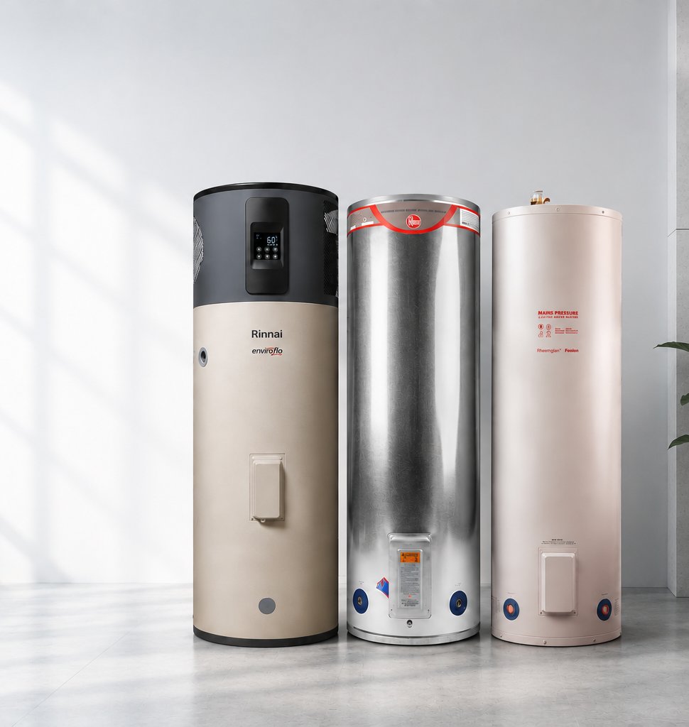 Heat pump, stainless steel and mains pressure hot water cylinders side by side